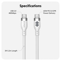 HyperJuice 60W Silicone USB-C to USB-C Cable (1.5M/5Ft) - White