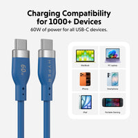HyperJuice Flex USB-C to USB-C Silicone 60W Charging Cable (1.5M/5Ft) - Blue