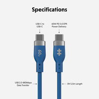 HyperJuice Flex USB-C to USB-C Silicone 60W Charging Cable (1.5M/5Ft) - Blue