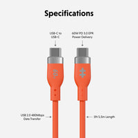 HyperJuice Flex USB-C to USB-C Silicone 60W Charging Cable (1.5M/5Ft) - Orange