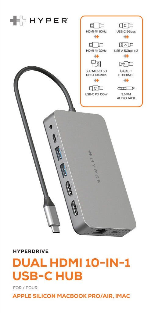 Hyper HyperDrive Dual 10 Port USB-C Hub, 4K HDMI, Ethernet, 1 USB-C, 2  USB-A, microSD/SD, travel dock for M1/M2/M3 MacBook Gray HDM1H - Best Buy