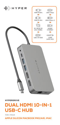Concentrateur USB-C 10-en-1 HyperDrive Dual 4K HDMI